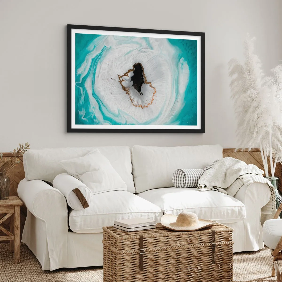 Affiche dans un cadre noir - Poster - Motif de géode abstrait dans des tons de turquoise, blanc et or - 70x50cm - Pénétrer à l'intérieur - Décoration murale moderne pour le salon et la chambre ARTTOR
