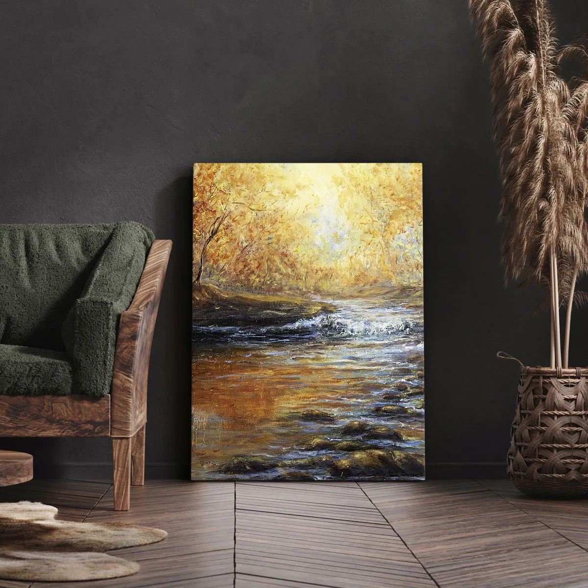Impression sur toile - Image sur toile - Paysage d'automne avec une rivière parmi les arbres - 50x70cm - Le ruisseau d'or - Décoration murale moderne pour le salon et la chambre ARTTOR