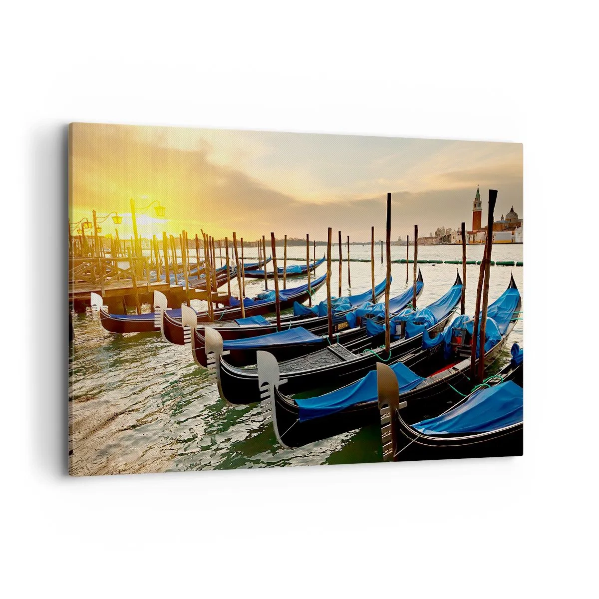 Impression sur toile - Image sur toile - Gondoles à Venise le matin à la lumière du soleil levant - 100x70cm - Avant que le vacarme n'arrive - Décoration murale moderne pour le salon et la chambre ARTTOR