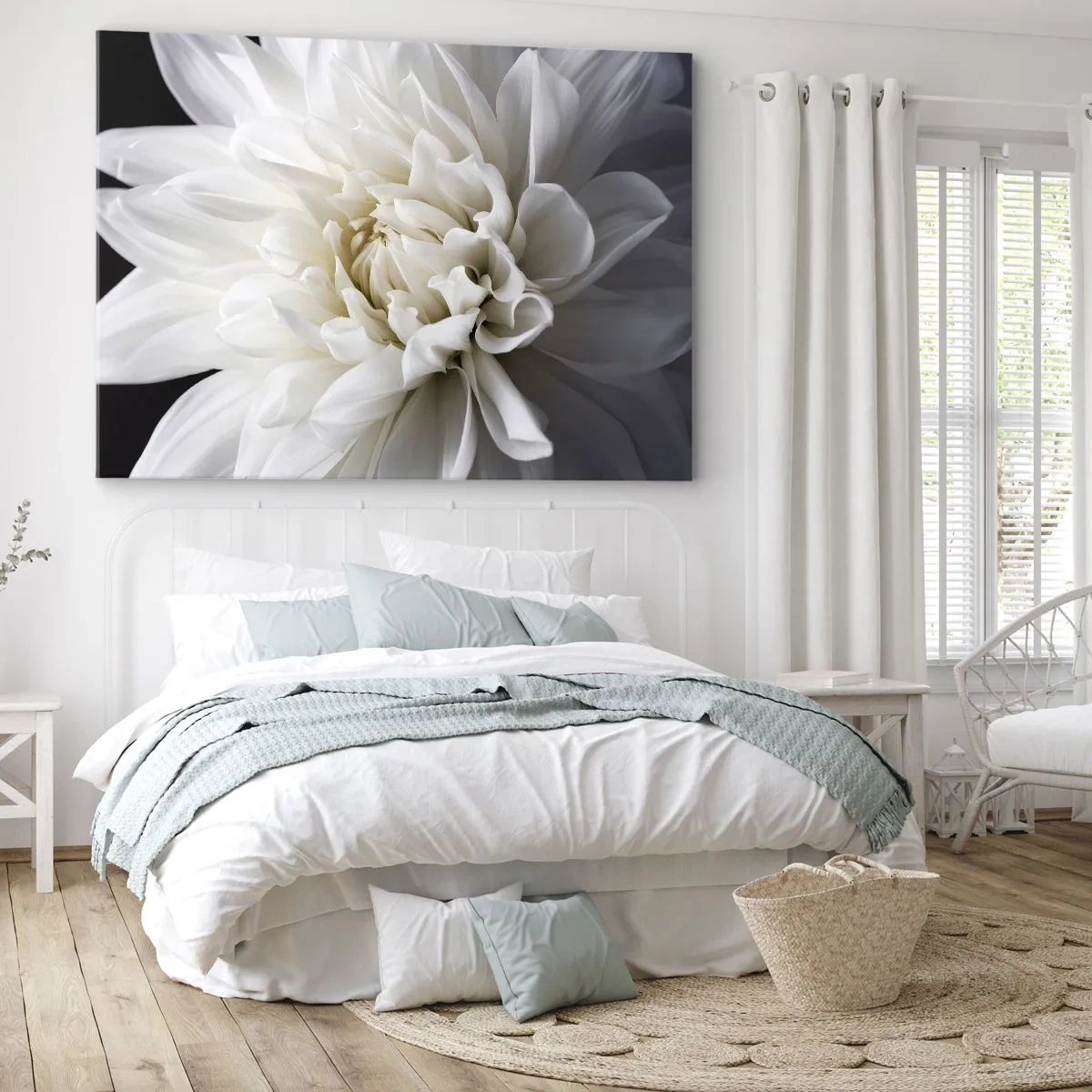 Impression sur toile - Image sur toile - Une délicate fleur blanche sur fond noir dans une composition élégante - 70x50cm - Le matin de la jeune mariéé - Décoration murale moderne pour le salon et la chambre ARTTOR