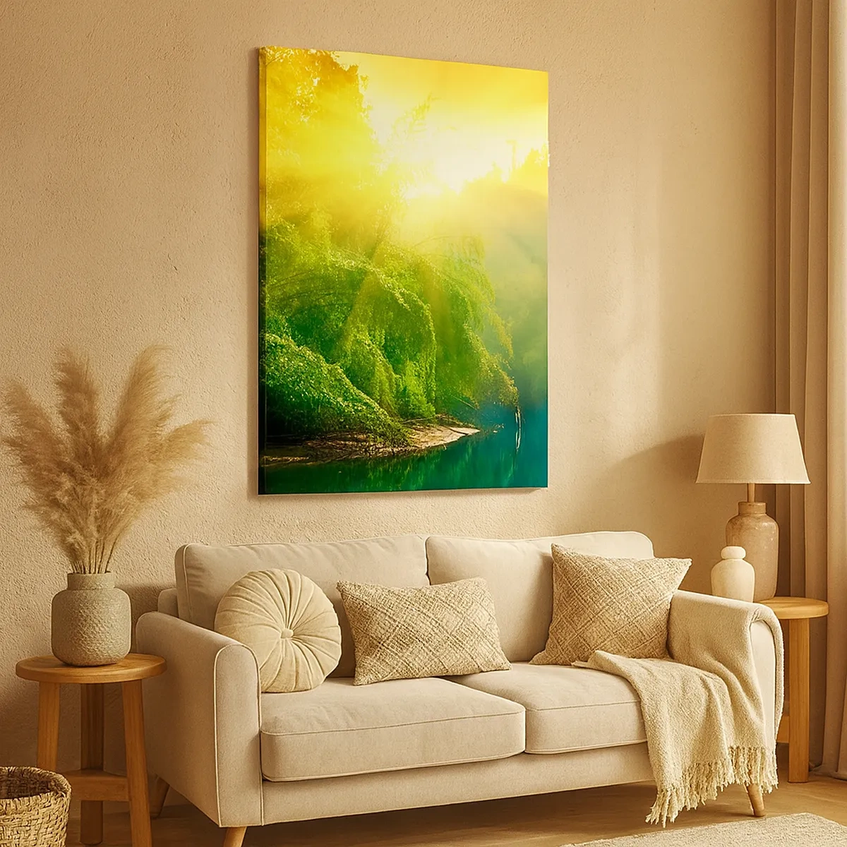 Impression sur toile - Image sur toile - Une forêt verte au bord de la rivière, illuminée par les rayons du soleil levant - 50x70cm - Se noyer au soleil et à l'ombre - Décoration murale moderne pour le salon et la chambre ARTTOR