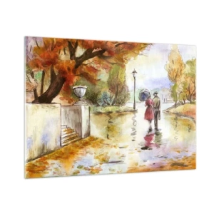 Impression sur verre - Image sur verre - Promenade d'automne d'un couple dans un parc aux feuilles colorées - 100x70cm - Automne romantique dans le parc - Décoration murale moderne pour le salon et la chambre ARTTOR