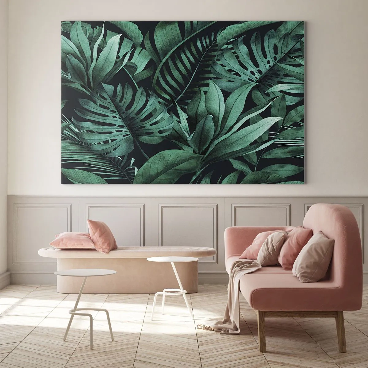 Impression sur verre - Image sur verre - Feuilles vertes luxuriantes dans une composition tropicale - 120x80cm - Profondeur du vert tropical - Décoration murale moderne pour le salon et la chambre ARTTOR