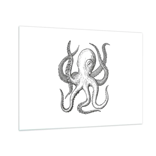 Impression sur verre - Image sur verre - Dessin noir et blanc d'une pieuvre sur fond blanc - 70x50cm - Dansant avec les vagues - Décoration murale moderne pour le salon et la chambre ARTTOR