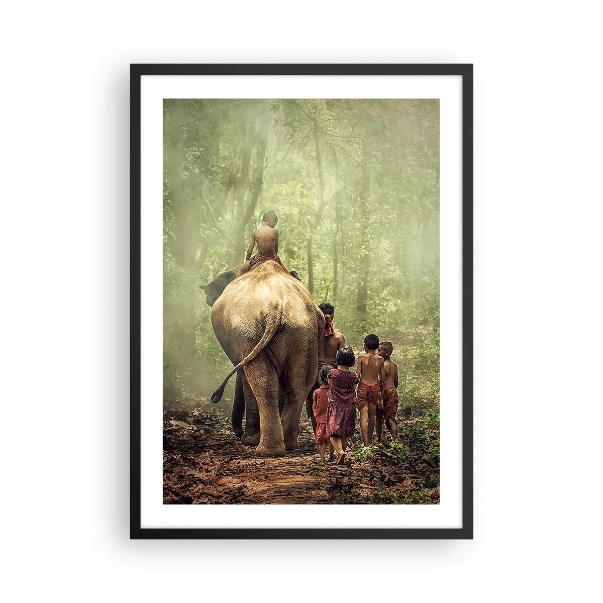 Affiche dans un cadre noir - Poster - Des enfants et un éléphant dans la forêt tropicale - 50x70cm - Nouveau livre de la jungle - Décoration murale moderne pour le salon et la chambre ARTTOR