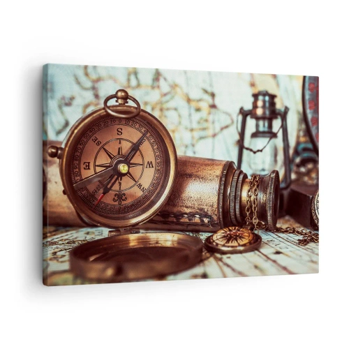 Impression sur toile - Image sur toile - Un ensemble rétro avec une boussole, un télescope et une carte sur le thème du voyage - 70x50cm - Une aventure de pirates dans les Caraïbes vous attend - Décoration murale moderne pour le salon et la chambre ARTTOR