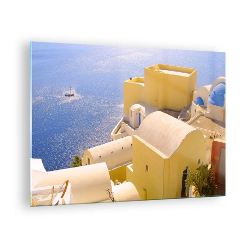 Impression sur verre - Image sur verre - Vue de Santorin avec la mer bleue et les bâtiments blancs - 70x50cm - Paysage grec en blanc et bleu ciel - Décoration murale moderne pour le salon et la chambre ARTTOR