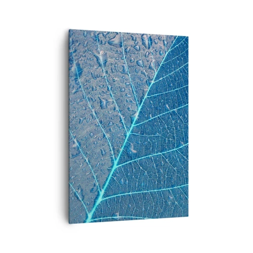 Impression sur toile - Image sur toile - Une feuille dans des tons bleus avec des gouttes d'eau - 70x100cm - La vie en bleu - Décoration murale moderne pour le salon et la chambre ARTTOR