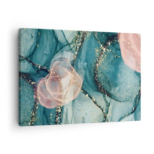 Impression sur toile - Image sur toile - Une composition abstraite dans des tons turquoise et or. - 70x50cm - Soie bleu, tulle rose - Décoration murale moderne pour le salon et la chambre ARTTOR