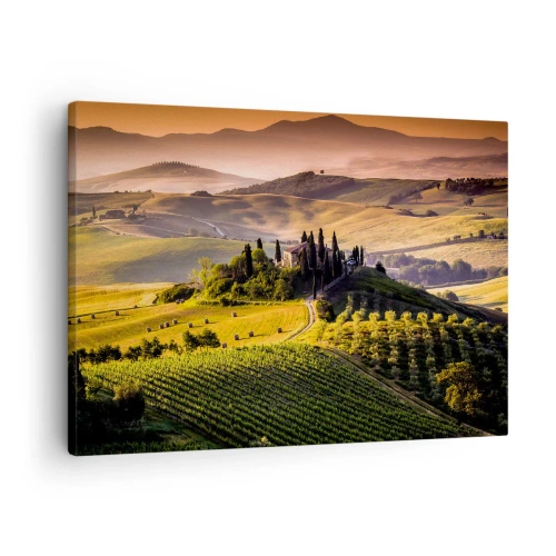 Impression sur toile - Image sur toile - Paysage toscan avec des vignes et une maison sur une colline - 70x50cm - Arcadie - le paysage toscan - Décoration murale moderne pour le salon et la chambre ARTTOR