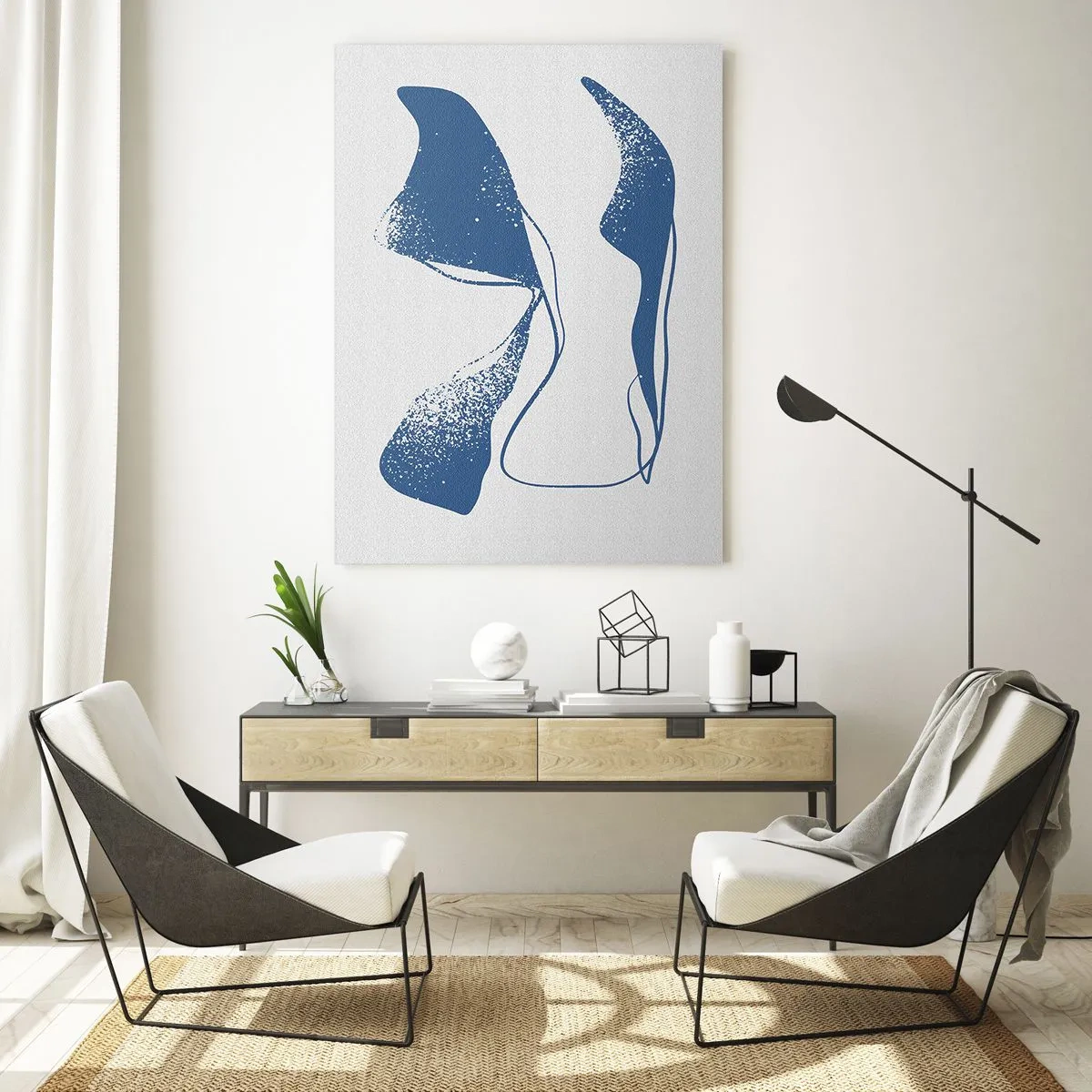 Impression sur verre - Image sur verre - Formes abstraites dans des tons bleus sur fond blanc - 80x120cm - Abstraction ailée - Décoration murale moderne pour le salon et la chambre ARTTOR