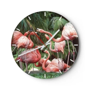 Horloge murale - Pendule murale - Flamants roses sur fond de verdure tropicale luxuriante - 30x30cm - Potins d'après-midi - Décoration murale moderne pour le salon, la cuisine et la chambre ARTTOR
