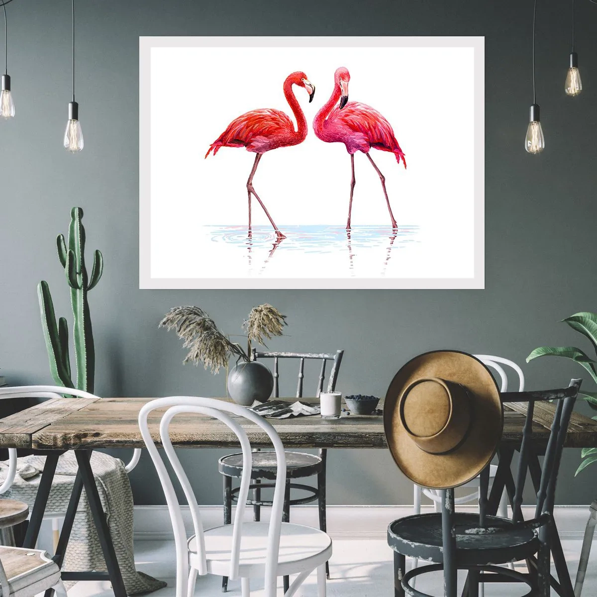 Affiche - Poster - Une paire de flamants roses dans l'eau sur un fond clair - 100x70cm - Rendez-vous rose - Décoration murale moderne pour le salon et la chambre ARTTOR