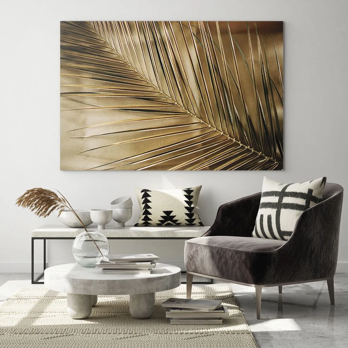 Impression sur verre - Image sur verre - Gros plan d'une feuille de palmier aux tons brun doré - 120x80cm - Colonnade naturelle - Décoration murale moderne pour le salon et la chambre ARTTOR