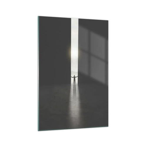 Impression sur verre - Image sur verre - Un homme debout dans la lumière d'une fente étroite dans un espace sombre - 70x100cm - Étape vers un avenir radieux - Décoration murale moderne pour le salon et la chambre ARTTOR