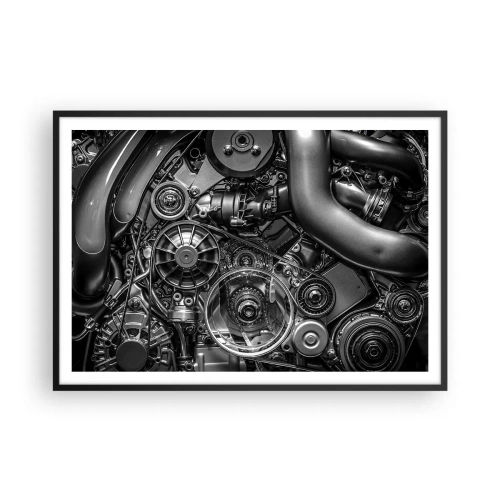 Affiche dans un cadre noir - Poster - Gros plan noir et blanc des détails mécaniques d'un moteur de voiture. - 100x70cm - Poésie mécanique - Décoration murale moderne pour le salon et la chambre ARTTOR