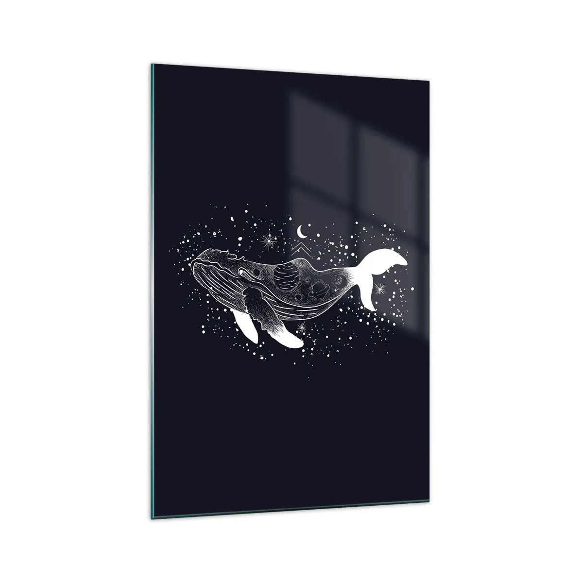 Impression sur verre - Image sur verre - Une illustration graphique d'une baleine dans un style de l'ère spatiale. - 70x100cm - Dans l'océan de l'univers - Décoration murale moderne pour le salon et la chambre ARTTOR