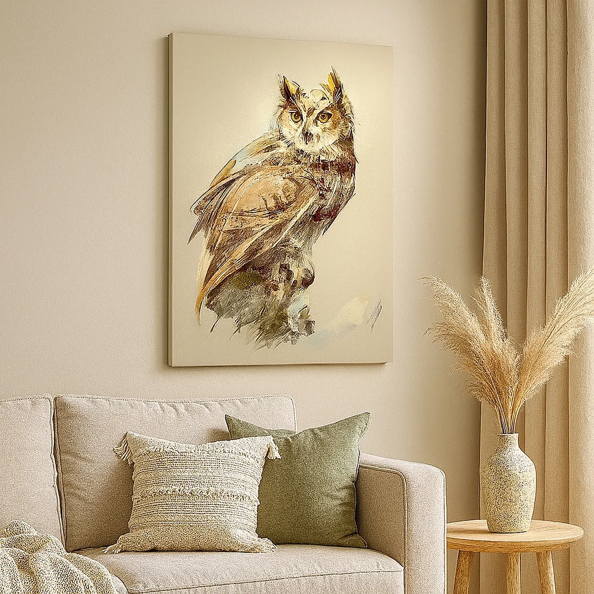 Impression sur toile - Image sur toile - Portrait artistique d'un hibou sur un fond clair dans des tons chauds. - 50x70cm - Le hibou le plus intelligent - confirmera la forêt de chênes - Décoration murale moderne pour le salon et la chambre ARTTOR