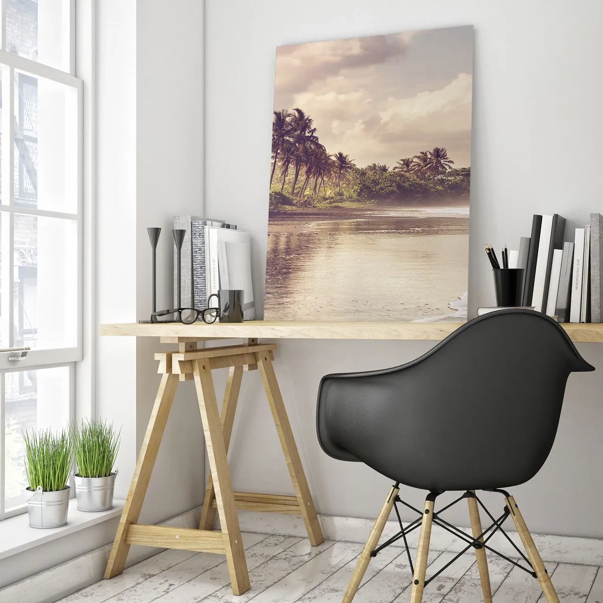 Impression sur verre - Image sur verre - Une plage avec des palmiers et des vagues douces le matin - 80x120cm - La caresse des vagues - Décoration murale moderne pour le salon et la chambre ARTTOR