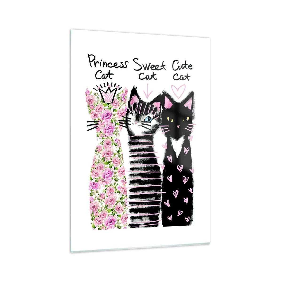 Impression sur verre - Image sur verre - Trois adorables chats dans un style artistique avec des inscriptions sur fond blanc - 50x70cm - Il y avait trois chats - Décoration murale moderne pour le salon et la chambre ARTTOR
