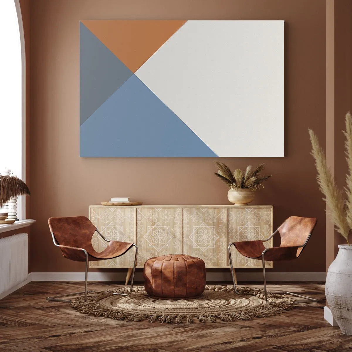 Impression sur toile - Image sur toile - Triangles géométriques dans les tons de bleu et d'orange - 70x50cm - Sous cette angle.... - Décoration murale moderne pour le salon et la chambre ARTTOR