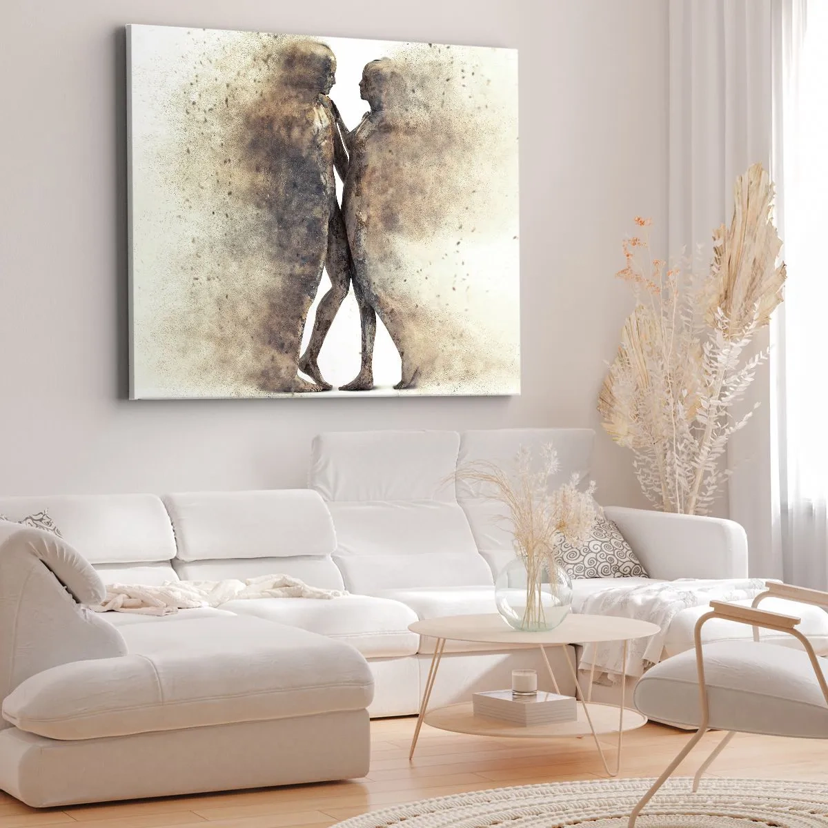 Impression sur toile - Image sur toile - Un duo abstrait de silhouettes aux tons sable - 100x70cm - Ils sont sortis de la poussière pour aimer - Décoration murale moderne pour le salon et la chambre ARTTOR