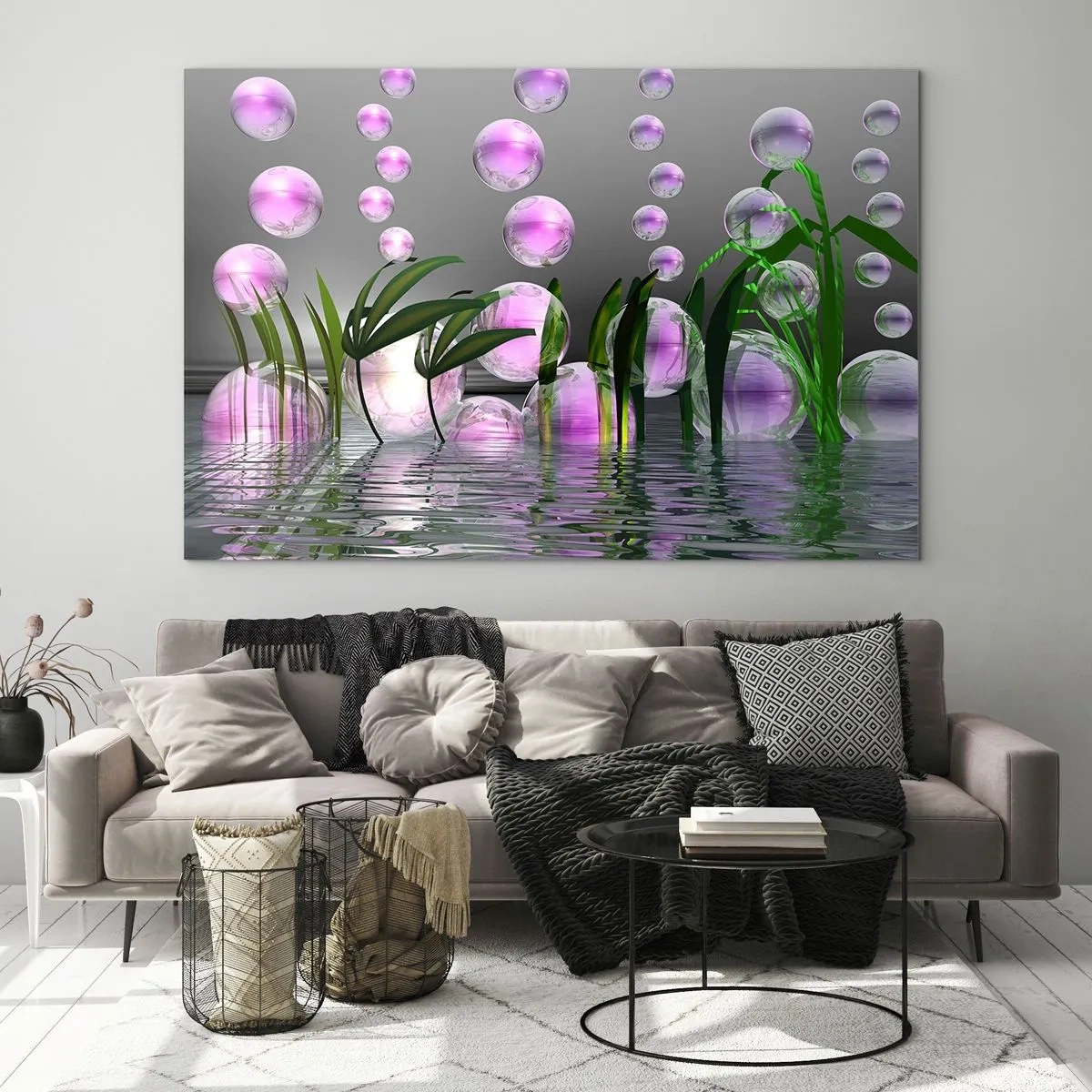Impression sur verre - Image sur verre - Bulles violettes flottant au-dessus de l'eau avec des plantes - 70x50cm - Une composition réfléchissante de légèreté et de vie - Décoration murale moderne pour le salon et la chambre ARTTOR