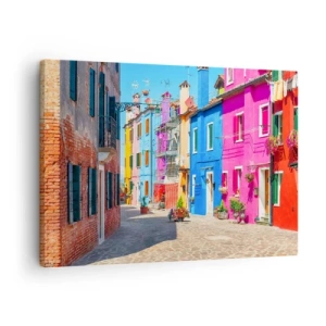 Impression sur toile - Image sur toile - Bâtiments colorés dans une rue étroite de la ville - 70x50cm - Ville "Sous les perroquets" - Décoration murale moderne pour le salon et la chambre ARTTOR
