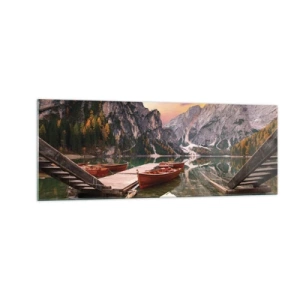 Impression sur verre - Image sur verre - Lac de montagne avec bateaux au coucher du soleil - 140x50cm - Promesse du jour - Décoration murale moderne pour le salon et la chambre ARTTOR