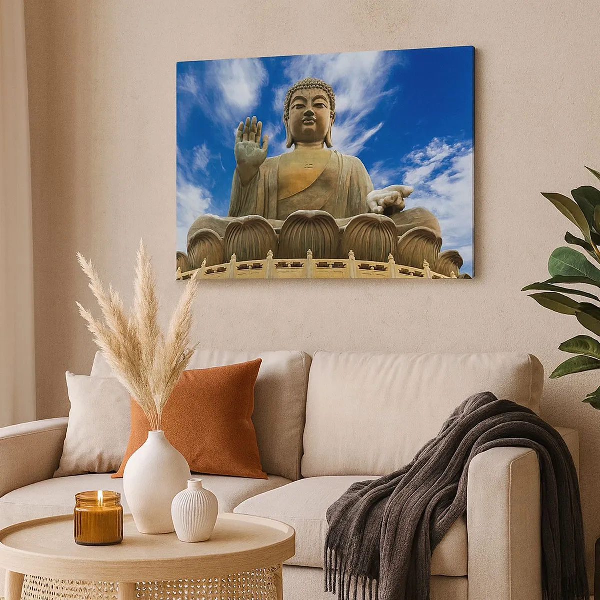 Impression sur toile - Image sur toile - Une statue monumentale de Bouddha contre un ciel bleu avec des nuages - 70x50cm - Vivre sans peur - Décoration murale moderne pour le salon et la chambre ARTTOR