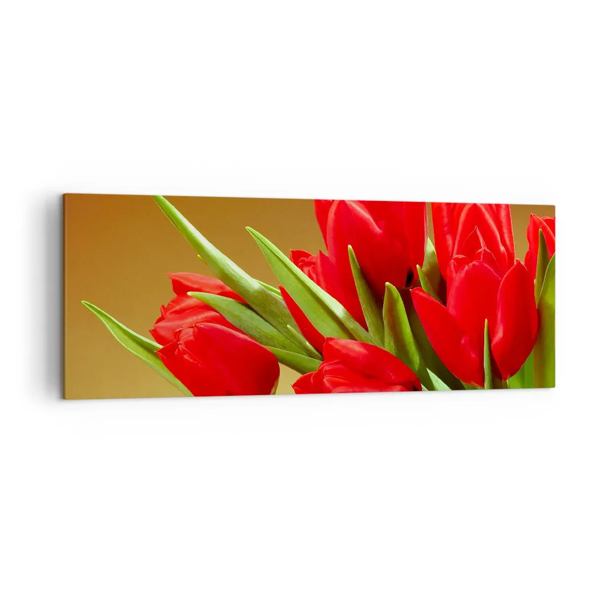 Impression sur toile - Image sur toile - Un bouquet de tulipes rouges sur fond doré avec des feuilles vertes. - 140x50cm - Amas de joie printanière - Décoration murale moderne pour le salon et la chambre ARTTOR