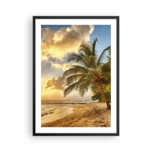 Affiche dans un cadre noir - Poster - Plage avec palmiers et coucher de soleil doré - 50x70cm - Été éternel, toujours des vacances - Décoration murale moderne pour le salon et la chambre ARTTOR