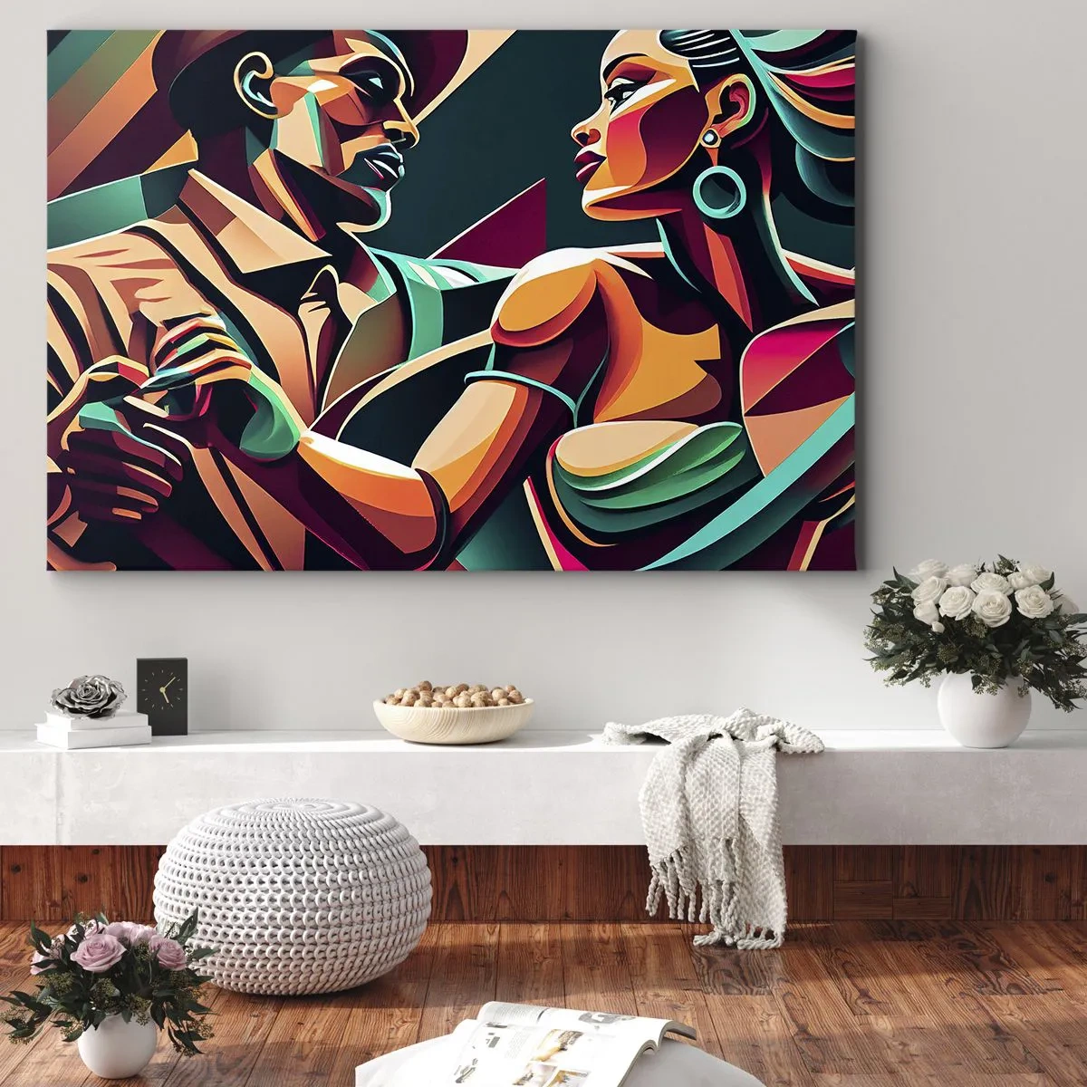 Impression sur toile - Image sur toile - Un couple stylisé dansant dans des couleurs vibrantes et géométriques. - 70x50cm - Au rythme du coeur - Décoration murale moderne pour le salon et la chambre ARTTOR