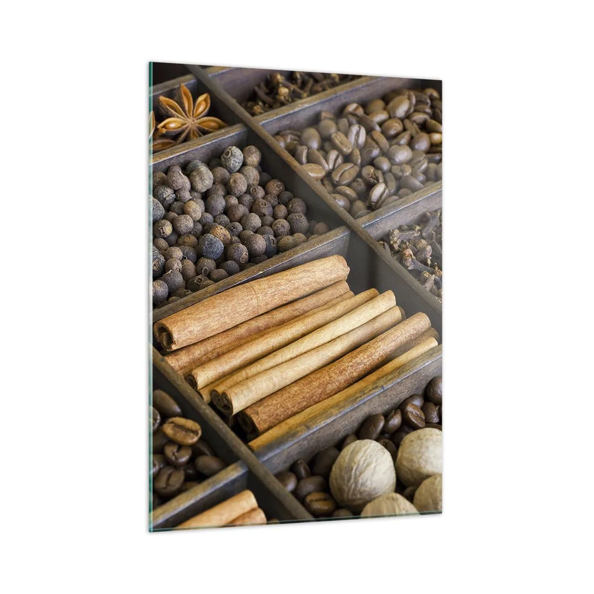 Impression sur verre - Image sur verre - Épices dans des compartiments en bois - 50x70cm - Trésor d'arômes - Décoration murale moderne pour le salon et la chambre ARTTOR