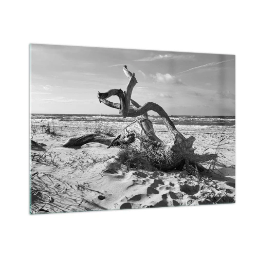 Impression sur verre - Image sur verre - Un paysage en noir et blanc avec une branche tombée sur une plage en bord de mer. - 100x70cm - Sculpture marine - Décoration murale moderne pour le salon et la chambre ARTTOR
