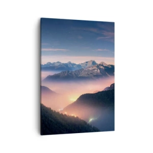 Impression sur toile - Image sur toile - Un paysage de montagne avec une vallée remplie de brouillard - 50x70cm - Lumière dans les vallées - Décoration murale moderne pour le salon et la chambre ARTTOR