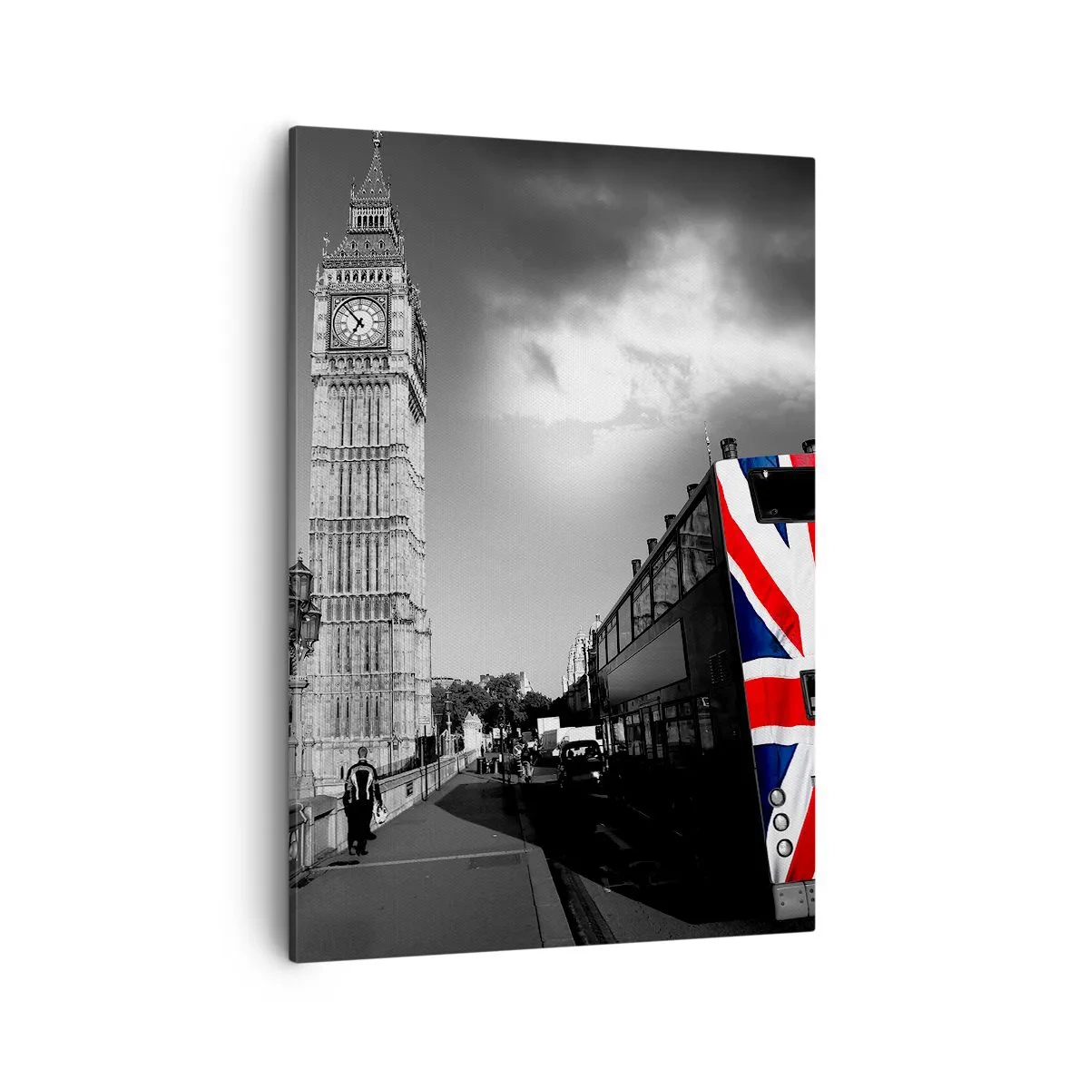 Impression sur toile - Image sur toile - Big Ben et un bus avec un drapeau britannique sur fond noir et blanc - 50x70cm - Fière et grande - Décoration murale moderne pour le salon et la chambre ARTTOR