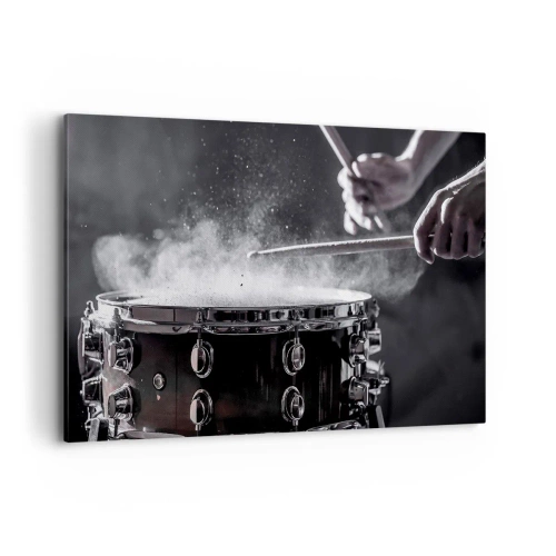 Impression sur toile - Image sur toile - Frapper la caisse claire avec des baguettes avec un effet de poussière - 120x80cm - Tempo de la musique - Décoration murale moderne pour le salon et la chambre ARTTOR
