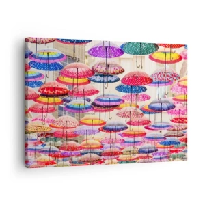 Impression sur toile - Image sur toile - Parapluies colorés suspendus dans les airs - 70x50cm - Prairie de la ville - Décoration murale moderne pour le salon et la chambre ARTTOR