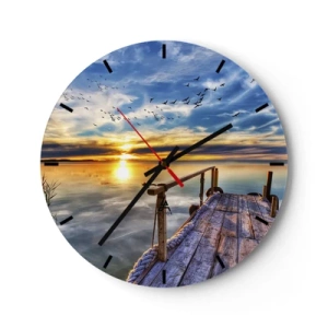 Horloge murale - Pendule murale - Jetée en bois sur le lac au coucher du soleil - 30x30cm - Le vent se repose - Décoration murale moderne pour le salon, la cuisine et la chambre ARTTOR