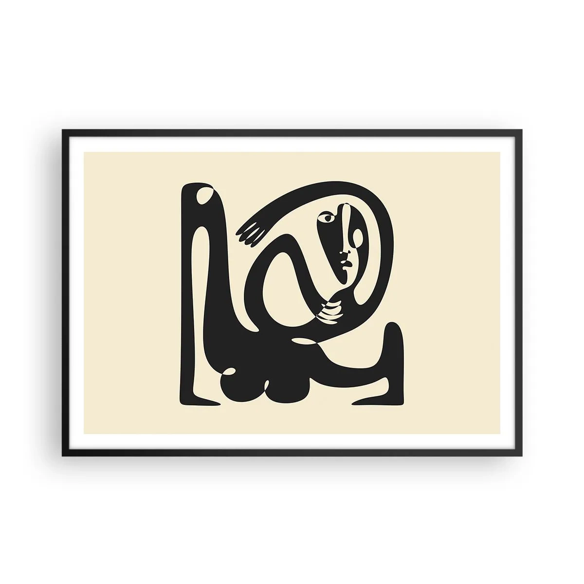 Affiche dans un cadre noir - Poster - Une figure abstraite en noir sur fond beige - 100x70cm - Presque du Picasso - Décoration murale moderne pour le salon et la chambre ARTTOR