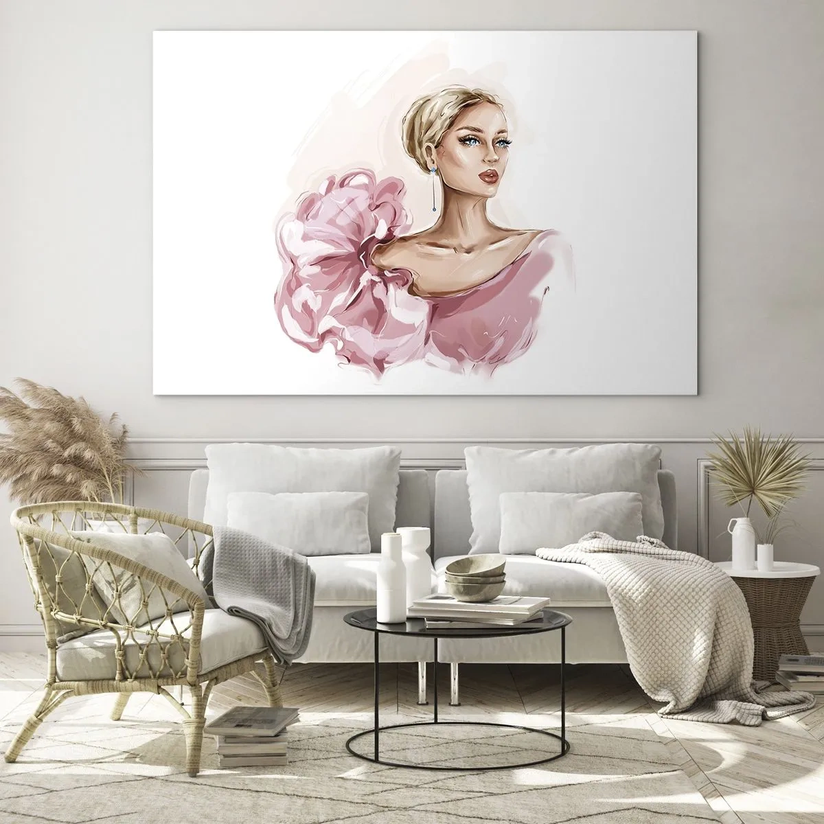 Impression sur verre - Image sur verre - Portrait stylisé d'une femme en robe rose - 120x80cm - Comme peinte... - Décoration murale moderne pour le salon et la chambre ARTTOR