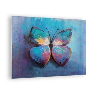 Impression sur verre - Image sur verre - Un papillon coloré sur un fond de couleurs abstraites dans des tons de bleu et de violet. - 70x50cm - Dans toute sa splendeur - Décoration murale moderne pour le salon et la chambre ARTTOR