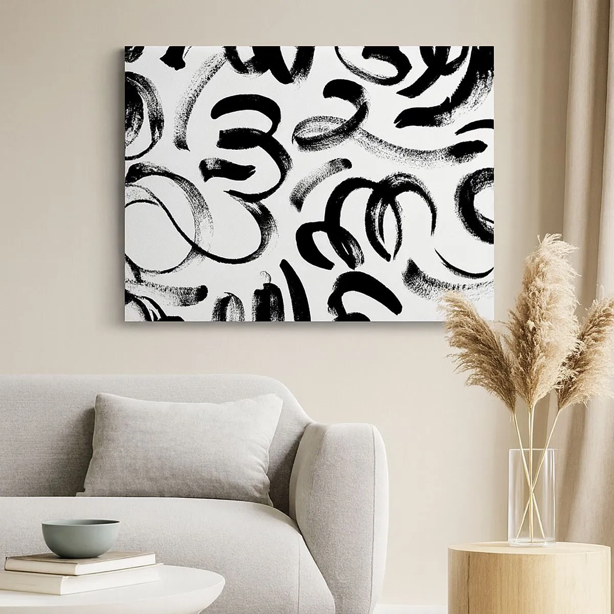 Impression sur toile - Image sur toile - Coups de pinceau abstraits noirs sur fond blanc - 70x50cm - Noir sur blanc - Décoration murale moderne pour le salon et la chambre ARTTOR