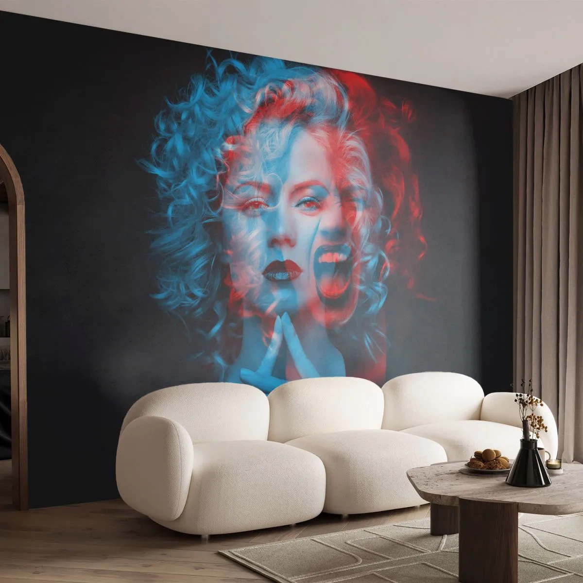 Papier Peint Photo Standard Eco - Portrait 3D d'une femme avec un effet bleu et rouge - 100x70cm - Alter ego - Décoration murale moderne pour le salon et la chambre ARTTOR