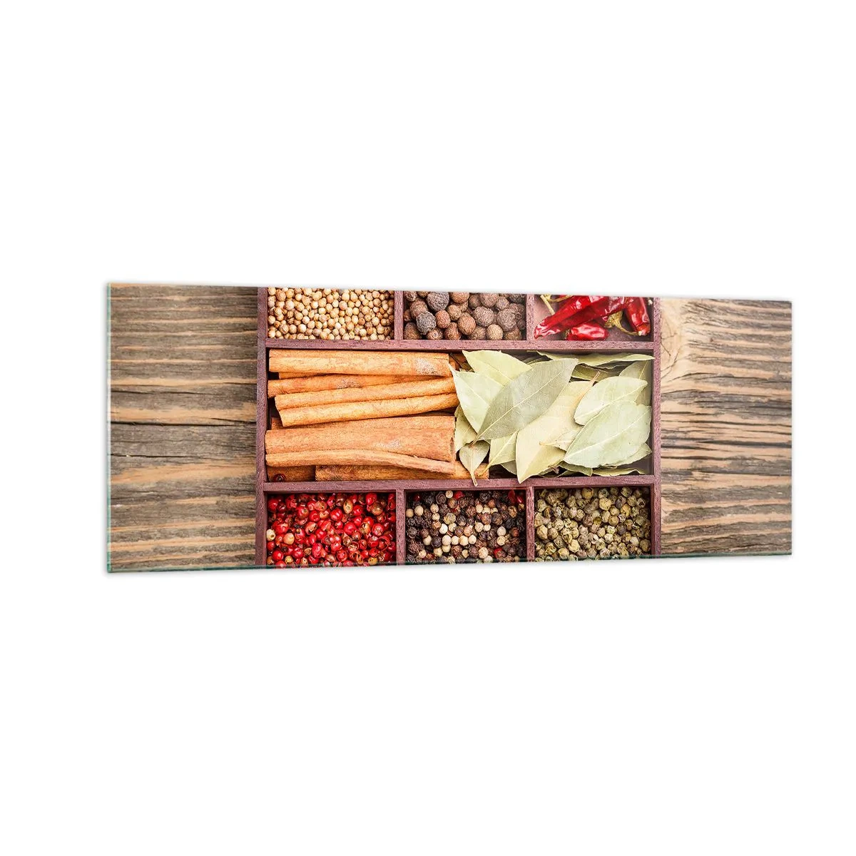 Impression sur verre - Image sur verre - Boîte en bois avec diverses épices dans des compartiments - 140x50cm - Ordre des formes, bouquet d'arômes - Décoration murale moderne pour le salon et la chambre ARTTOR