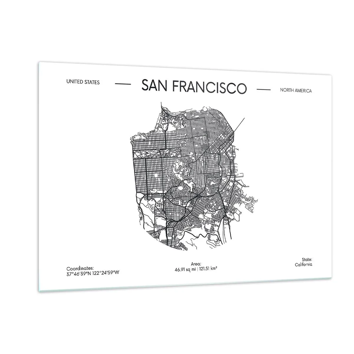 Impression sur verre - Image sur verre - Une carte minimaliste des rues de San Francisco - 120x80cm - Anatomie de San Fransisco - Décoration murale moderne pour le salon et la chambre ARTTOR
