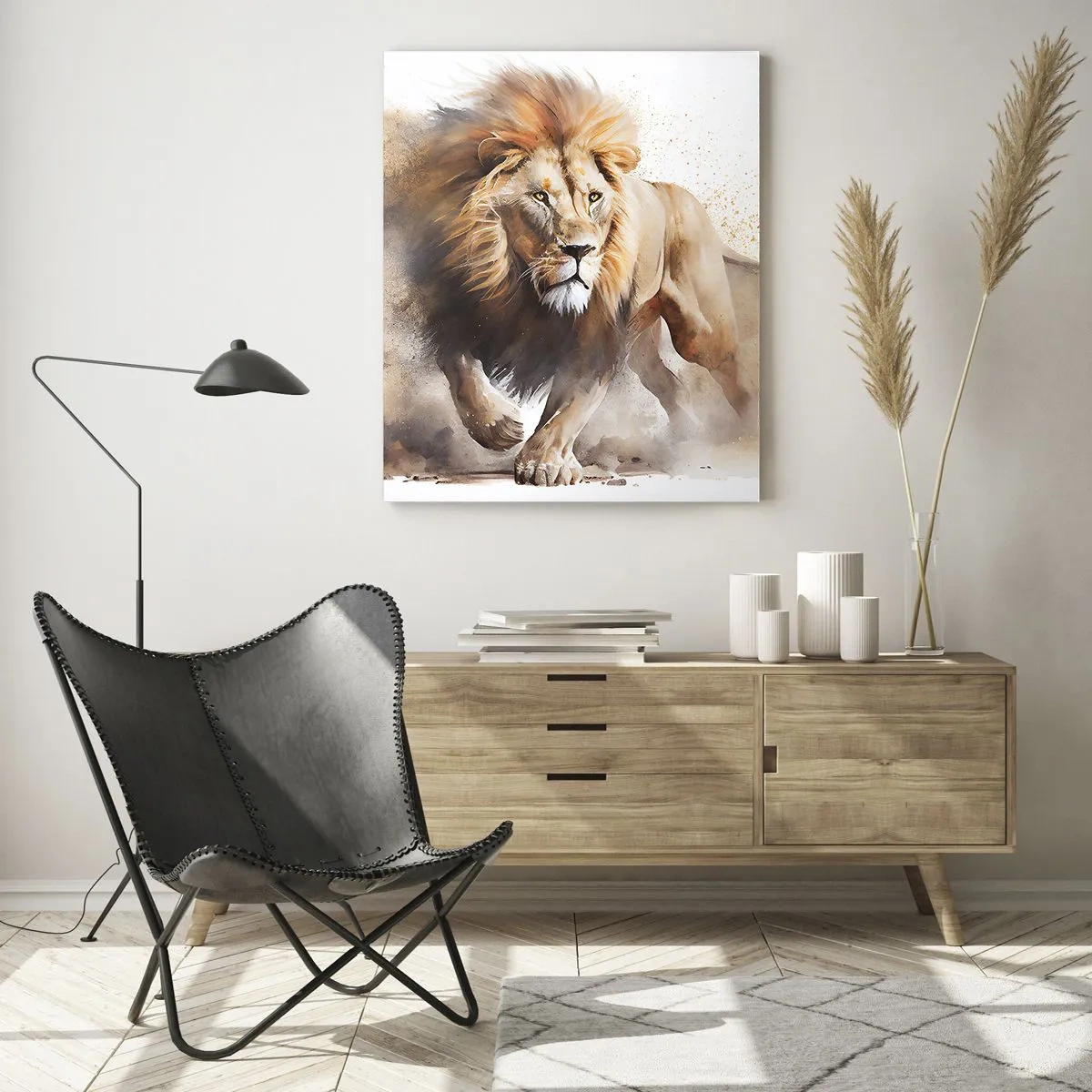 Impression sur verre - Image sur verre - Un portrait dynamique d'un lion aux couleurs naturelles. - 80x120cm - Le roi bougea - Décoration murale moderne pour le salon et la chambre ARTTOR