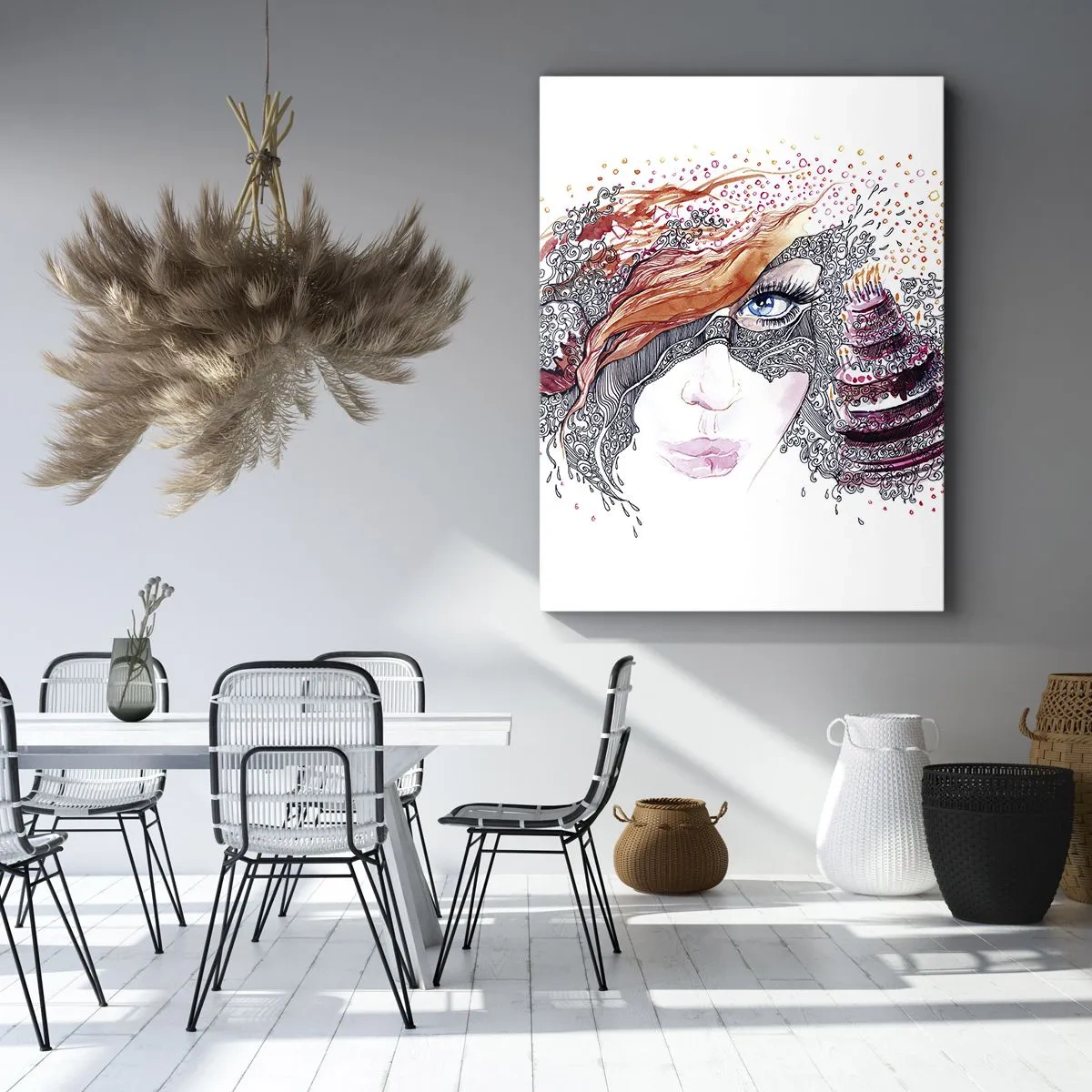 Impression sur toile - Image sur toile - Portrait artistique d'une femme avec des détails et un accent rouge - 50x70cm - Avec elle, c'est tous les jours la fête - Décoration murale moderne pour le salon et la chambre ARTTOR