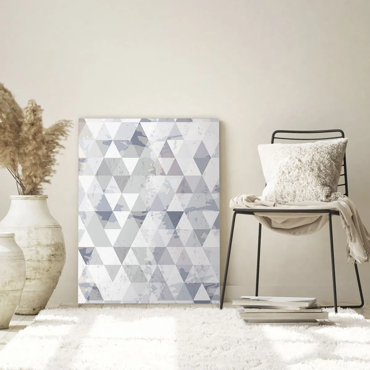 Impression sur verre - Image sur verre - Motif géométrique triangulaire dans des tons neutres de gris et de beige - 50x70cm - En rythme de trois - Décoration murale moderne pour le salon et la chambre ARTTOR